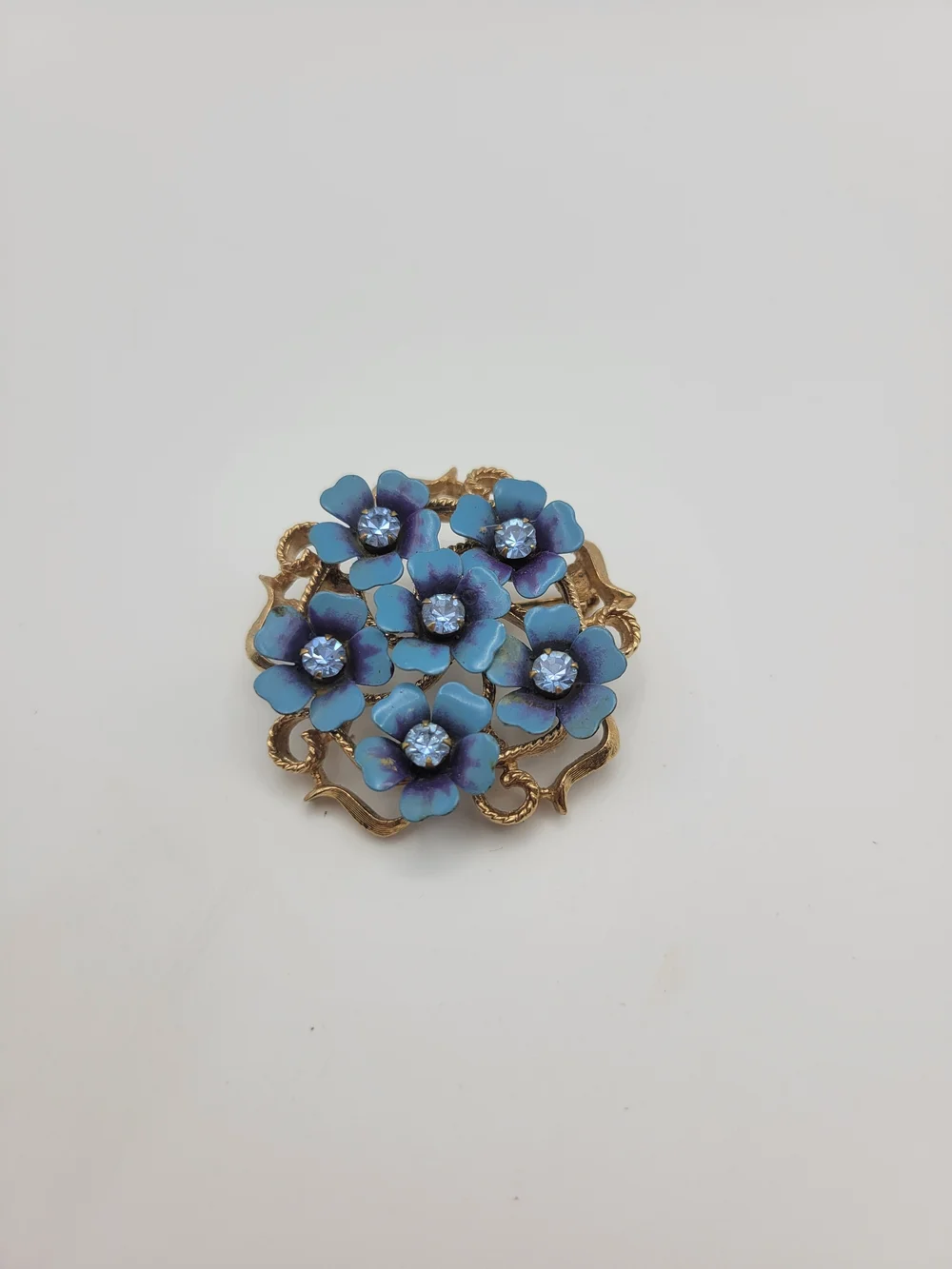 Vintage Gold-Tone Brooch with Blue Floral Crystals